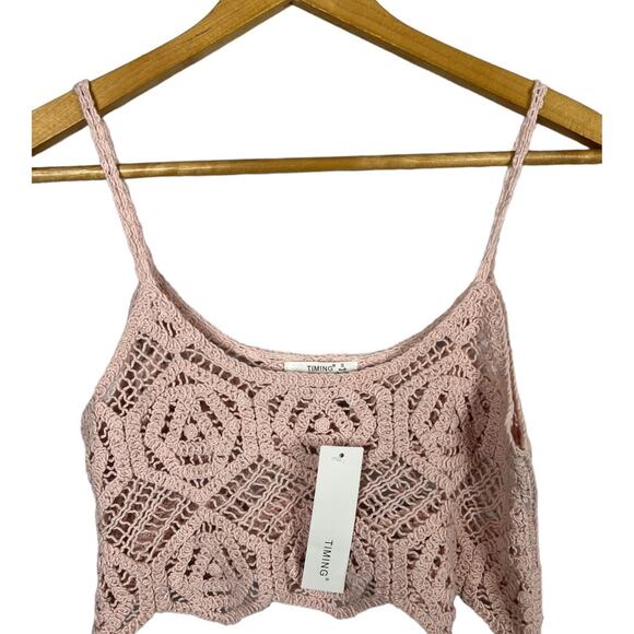 Timing Los Angeles Pink Crochet Cropped Midriff Tank Shirt Top NWT New Small - Picture 4 of 6